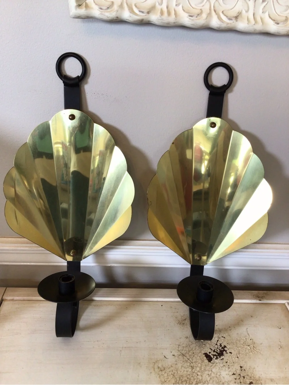 Vintage MCM Brass Black Scalloped Clam Shell Wall Sconce Candle Holder Pair 18”